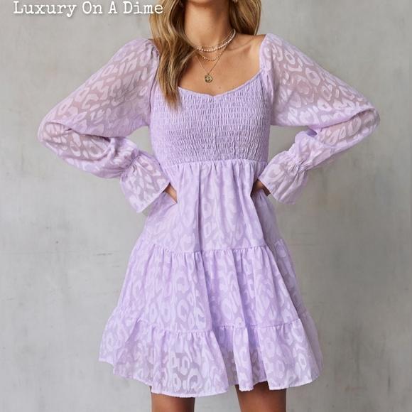 SOLD OUT at LUXONADIME.COM Leopard Dress Purple Sheer Long Sleeve Babydoll Mini - Picture 11 of 12